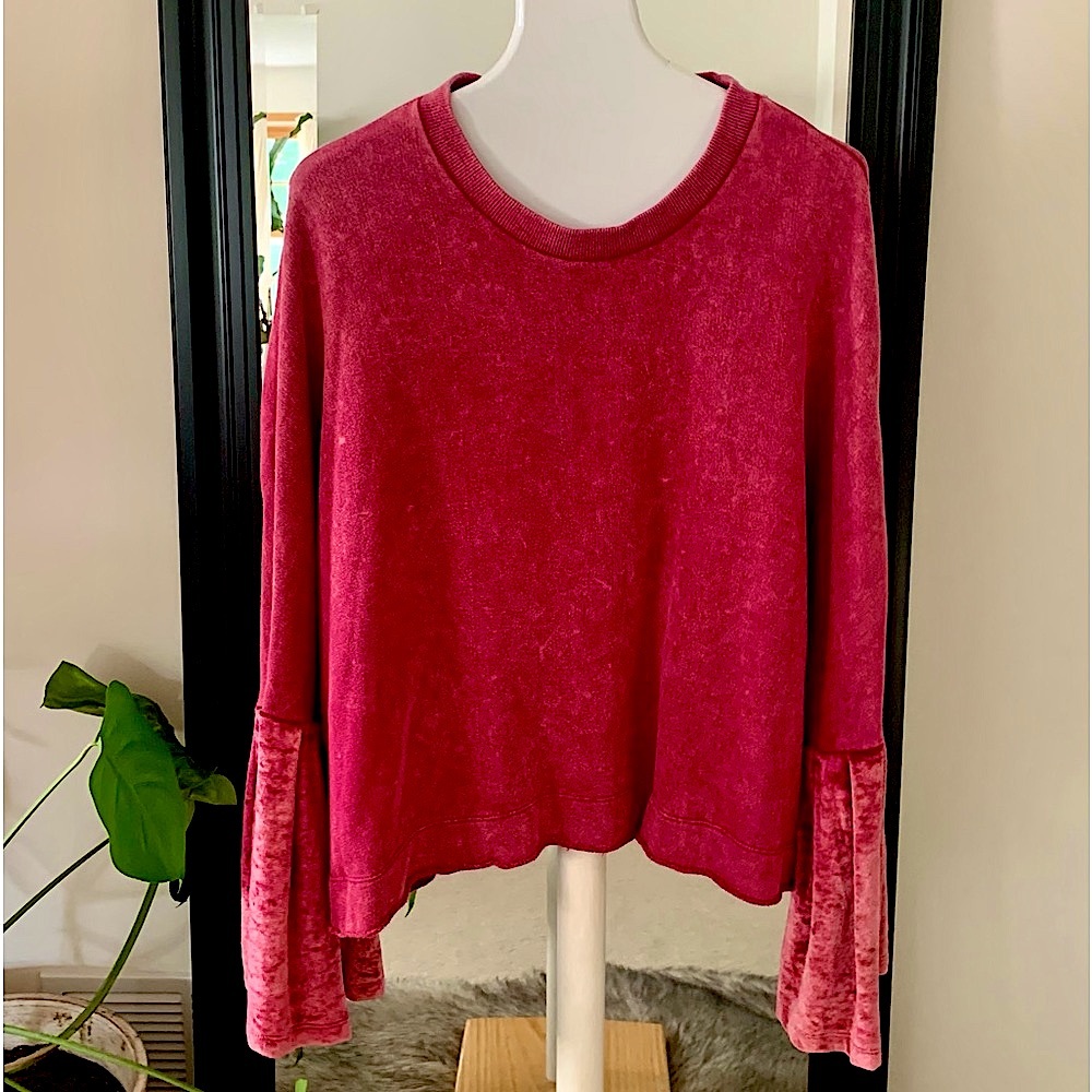 FREE PEOPLE Red Velvet Bell Cuff Long Sleeve Shirt